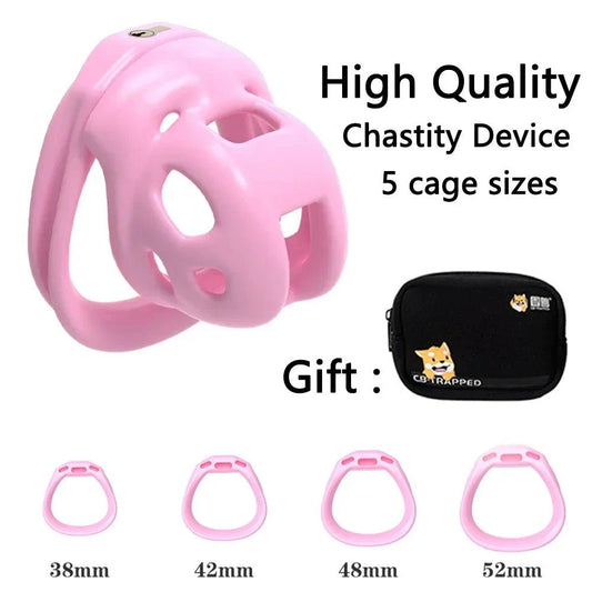 Mini Male Chastity Device pink ventilated cage with adjustable ring sizes and lock set with storage case