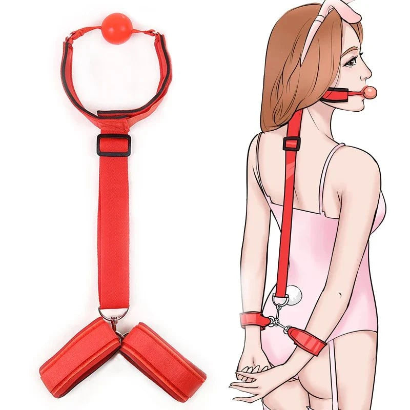 Red ball gag with adjustable straps and connected wrist and ankle restraints from an All-in-One 18-Piece Bondage & Strap-On Kit
