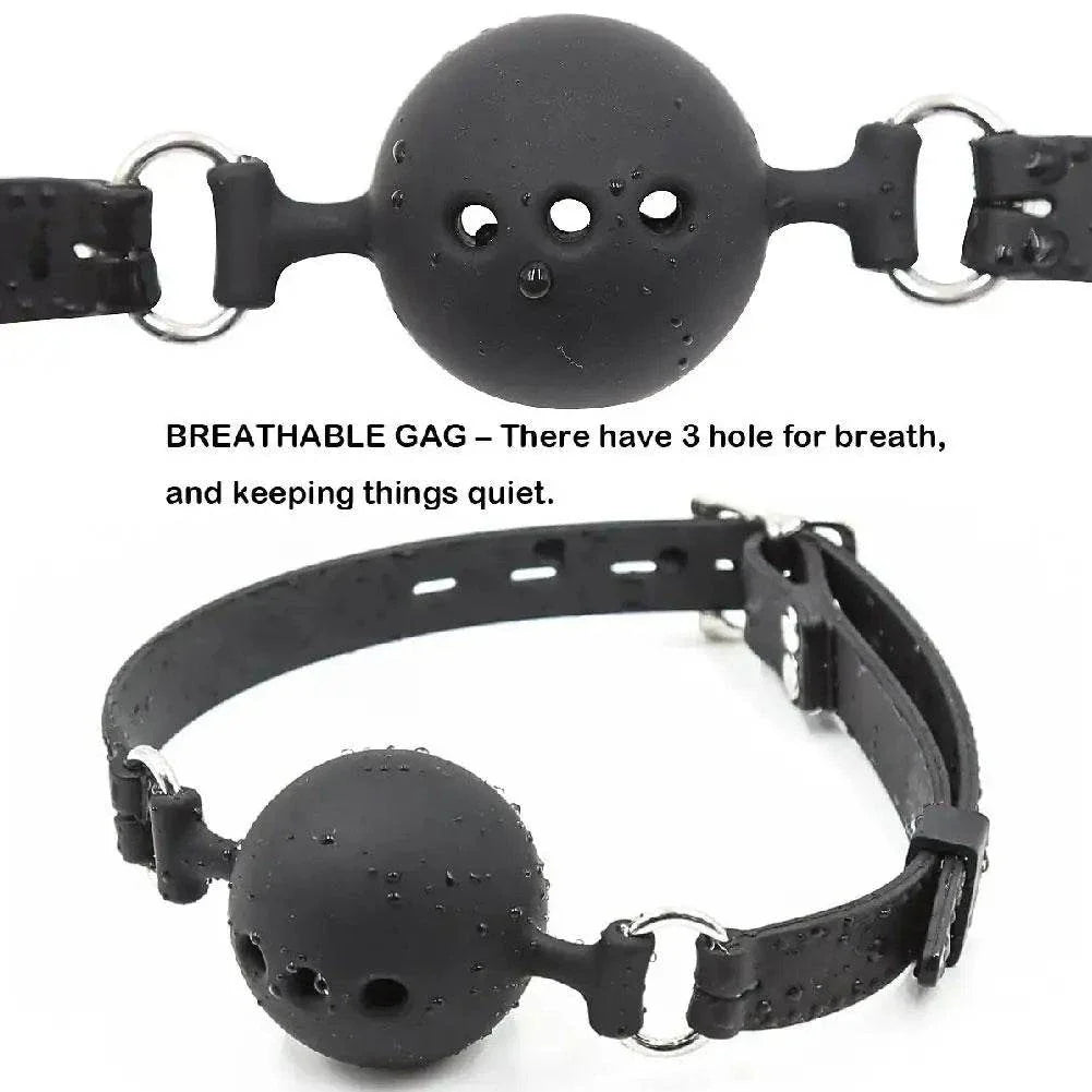 Breathable silicone ball gag with adjustable straps and ventilation holes for safe and silent bondage restraint