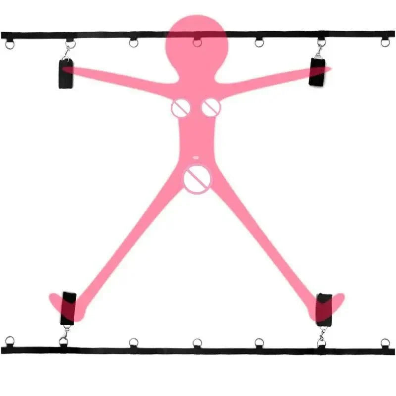 Full bed restraint tie-down set with adjustable straps, handcuffs, ankle cuffs, and eyeblinder for bondage play