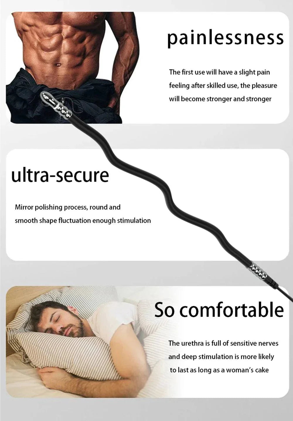 Electric shock stimulator urethral sounding set for men with ultra-secure polished design and comfortable use