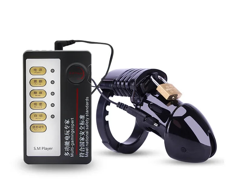 Lockable Male Chastity Device — Cock Cage with E-Stim Rings & Scrotum Restraints