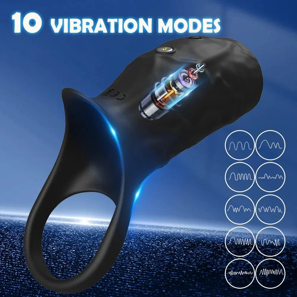 Black vibrator penis sleeve and cock ring ejaculation extender with 10 vibration modes for couples' pleasure and stimulation