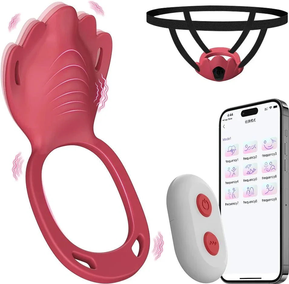 Wireless app wearable panty vibrator with clitoral stimulator and penis ring set controlled by smartphone app