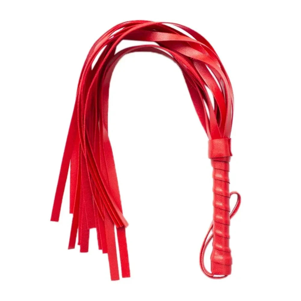 Red faux leather whip riding crop for BDSM impact play with firm flexible flogger strands