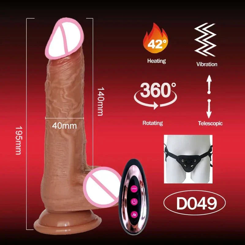 Realistic dildo vibrator with 360° rotation, telescopic motion, heating to 42°C, and vibration features