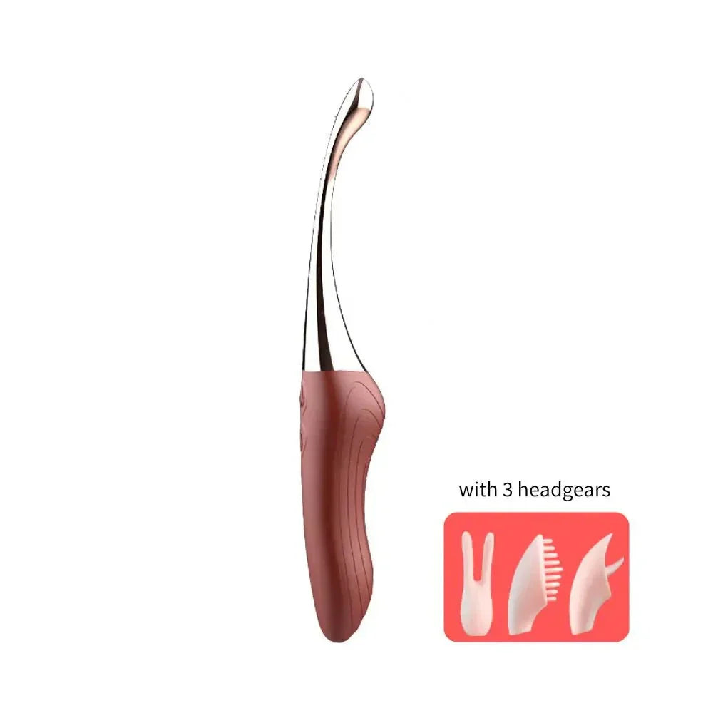 High-frequency G-spot vibrator with three interchangeable headgears for clitoral, nipple, and oral-lick stimulation
