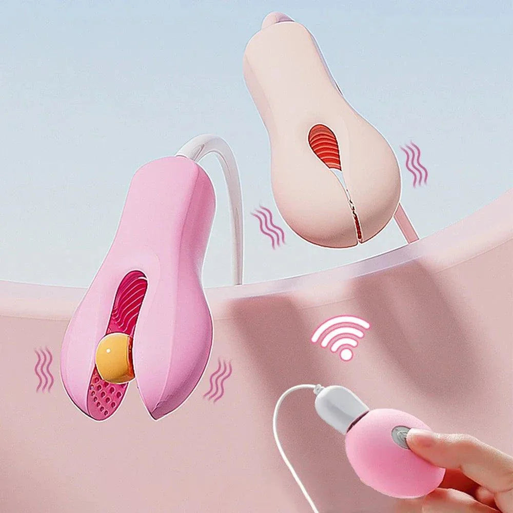 Enhancer nipple stimulator vibrator and clamp for breast massage in pink and beige colors with remote control showing vibration signals