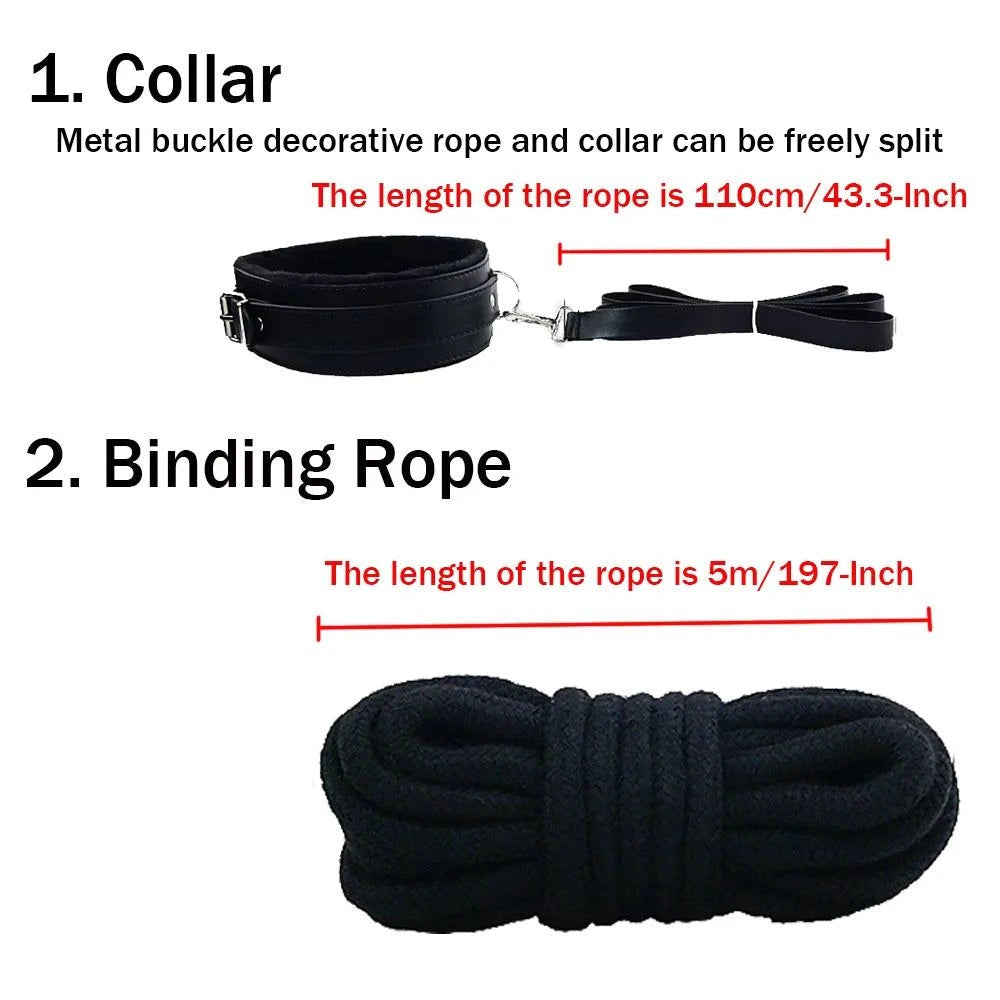 10-Piece BDSM Bondage Restraint Kit — Cuffs, Collar, Whip, Ball Gag & Rope