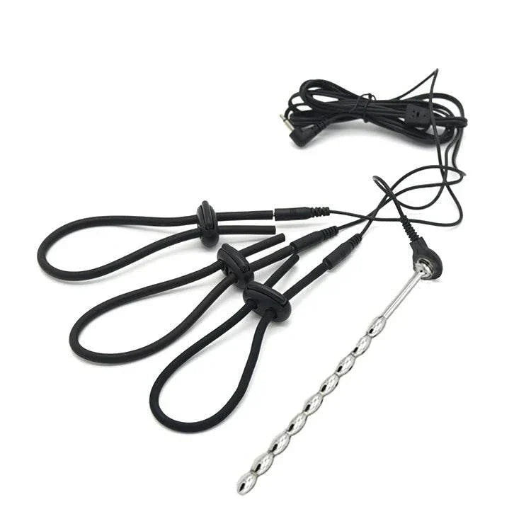 Varied Electro-Shock Penis Ring with adjustable silicone loops and metal urethra stimulator for electro-stim play