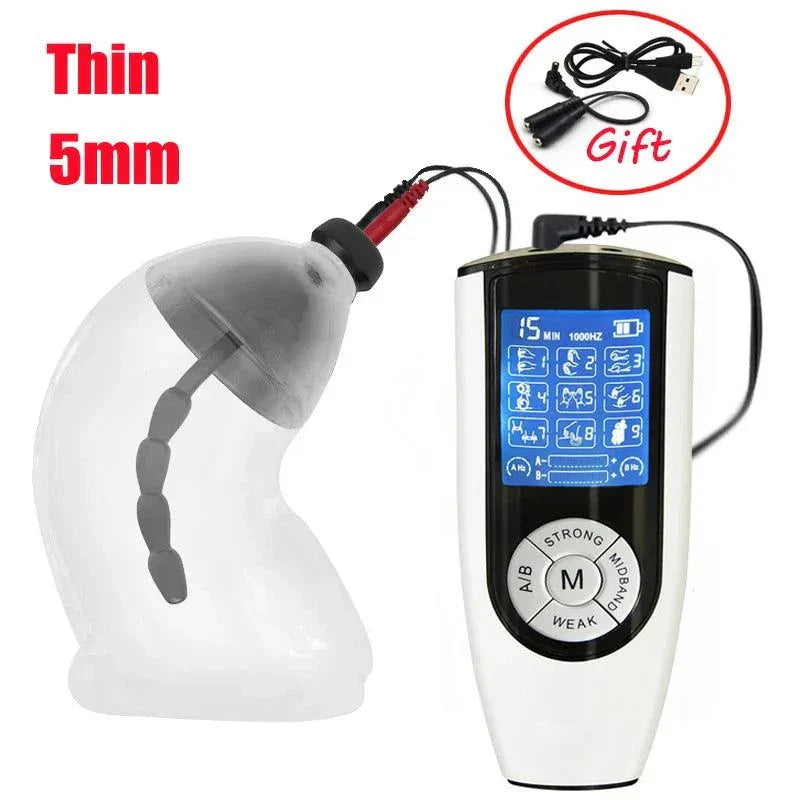Electric Shock Penis Plug with chastity cage, urethral dilator, and electronic stimulator device
