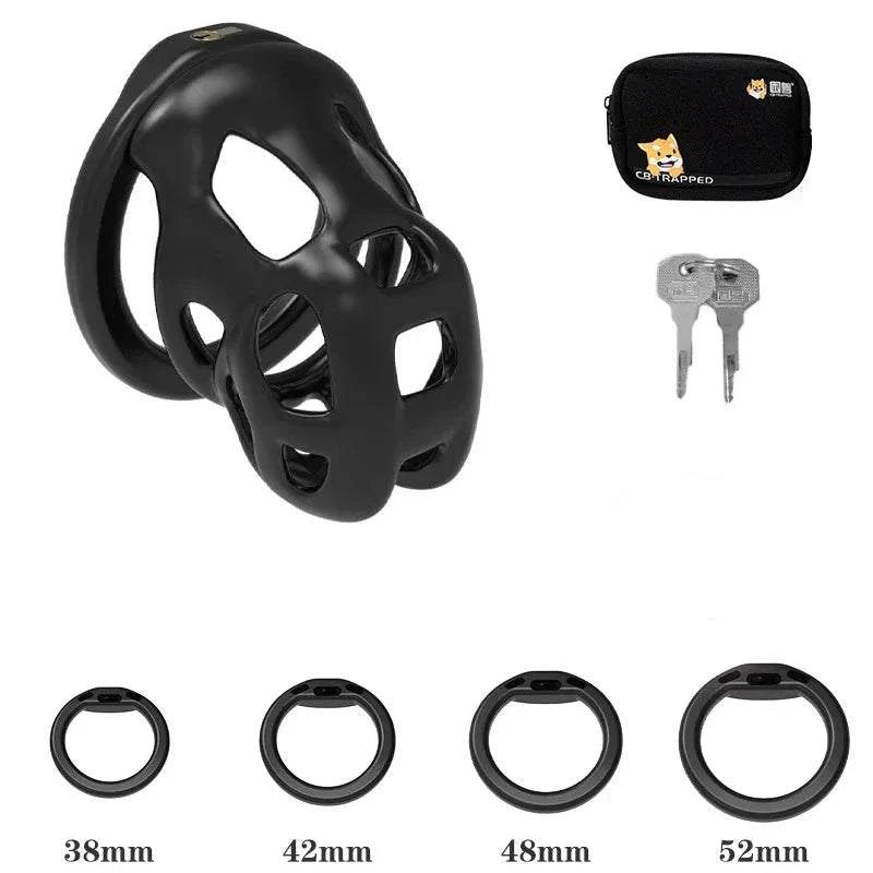 Mini male chastity device with ventilated cage, adjustable rings (38-52mm), lock and carrying case