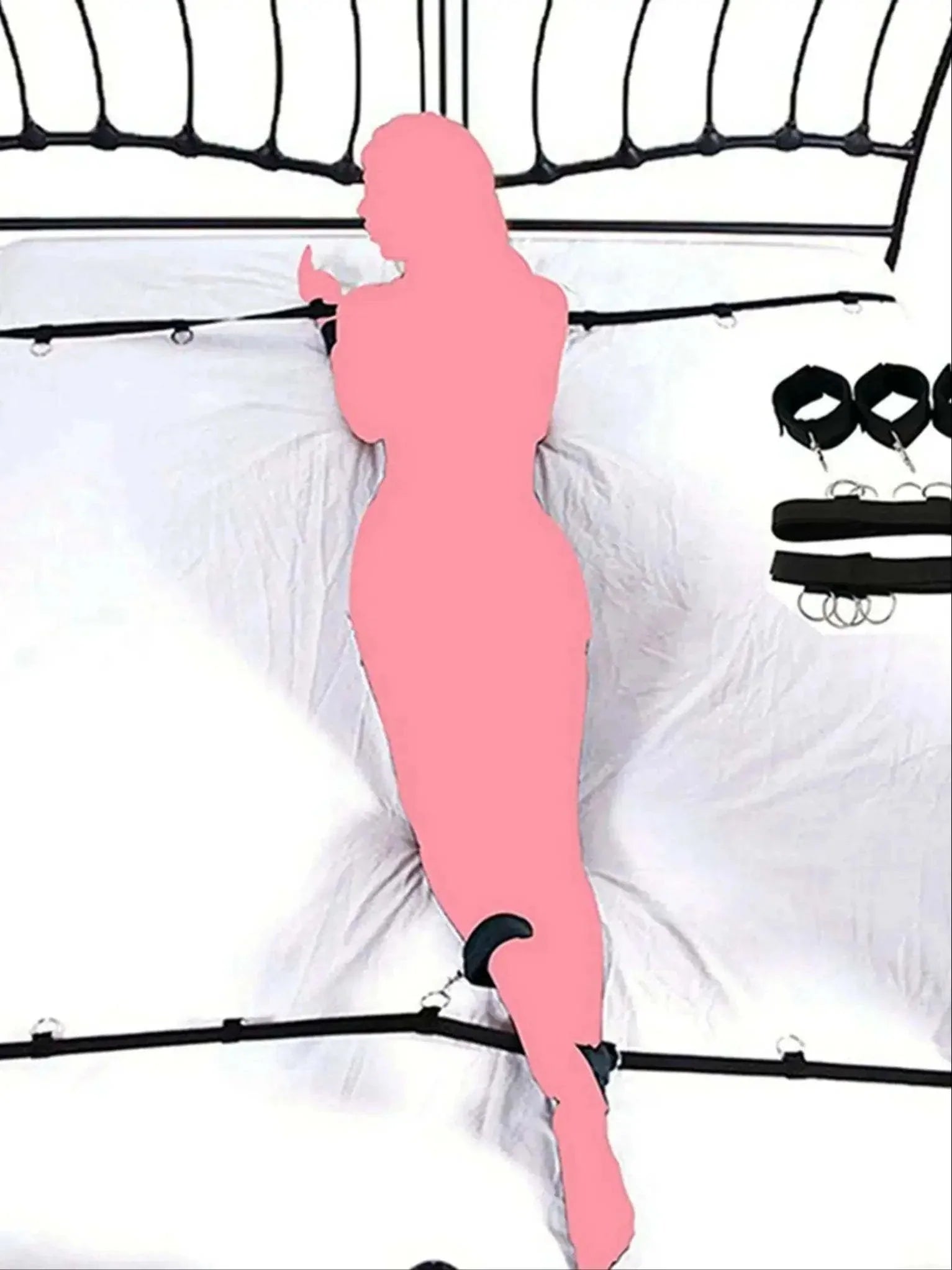 full bed restraint tie-down set with adjustable straps handcuffs ankle cuffs and eyeblinder on bed