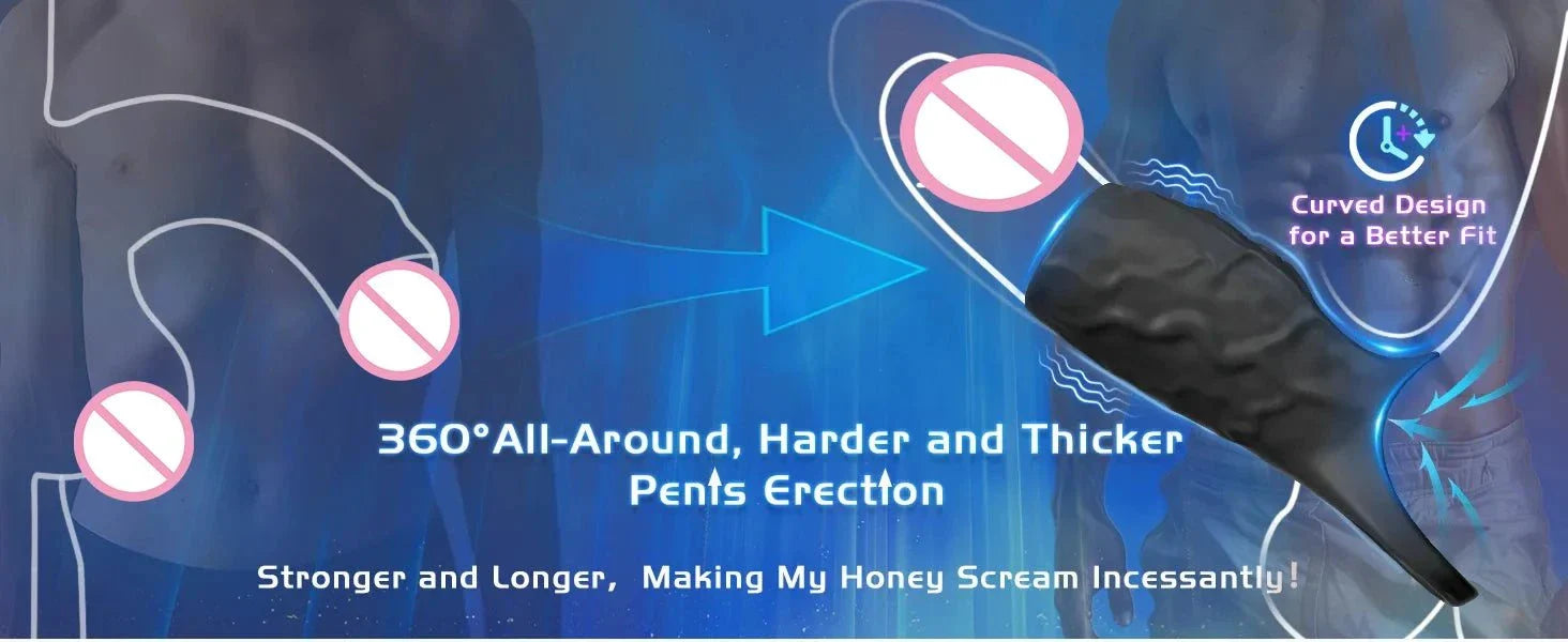 Vibrator penis sleeve and cock ring extender with curved design for enhanced erection and stimulation