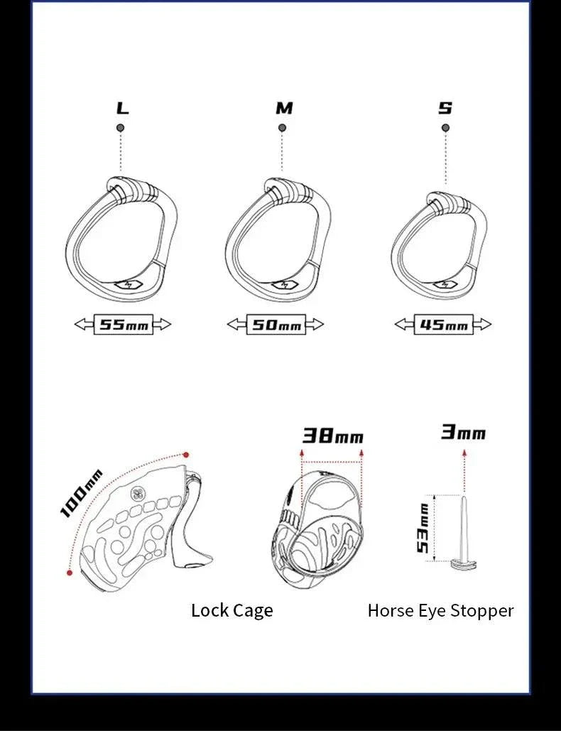 Diagram of wireless remote control electric shock male chastity cage with size measurements and components