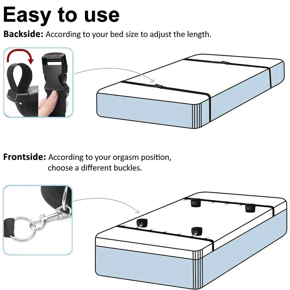 Diagram showing how to adjust bed straps of couples BDSM bondage set with buckles and clips for handcuffs and ankle restraints