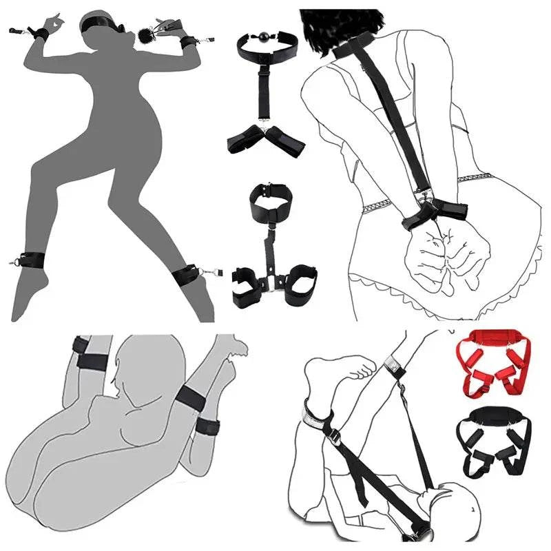 All-in-One 18-Piece Bondage and Strap-On Kit with adjustable harness, hand and leg restraints, BDSM accessory set for couples