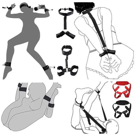 All-in-One 18-Piece Bondage and Strap-On Kit with adjustable harness, hand and leg restraints, BDSM accessory set for couples