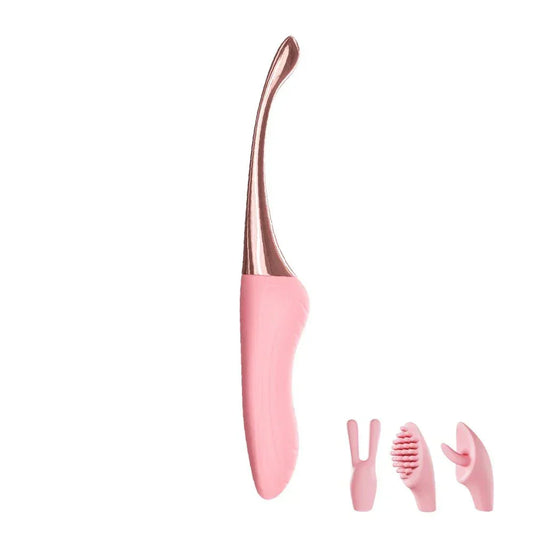 High-Frequency G-Spot Vibrator in pink with ergonomic design and three interchangeable stimulator heads for clitoral, nipple, and oral-lick sensations