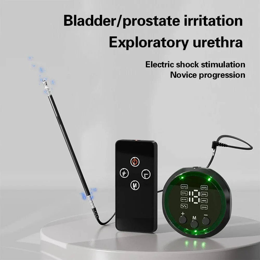 Electric shock stimulator anal plug and urethral sounding set with control units for men