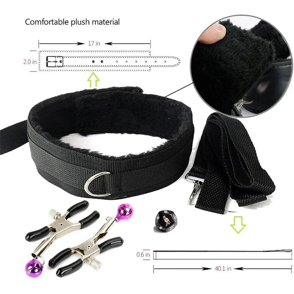 Plush & Nylon BDSM Kit with soft cuffs, whip, blindfold, and nipple clamps for adjustable bondage play