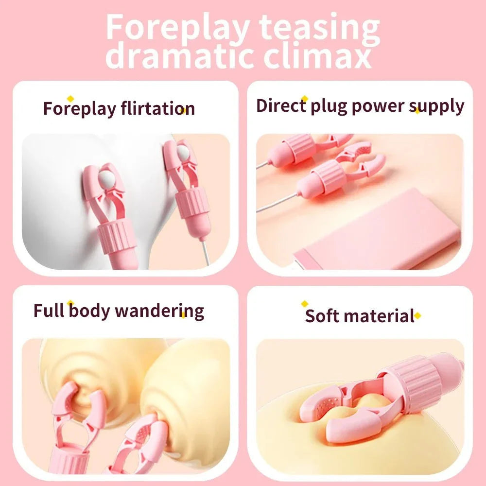 Pink nipple clamps vibrator with sucking and tongue-licking clit stimulator for multi-zone teasing and adjustable intensity