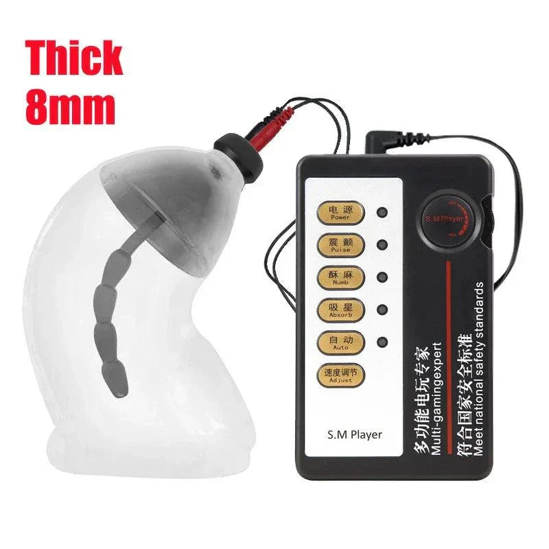 Electric Shock Penis Plug with chastity cage, urethral dilator, and electro stimulator control unit.