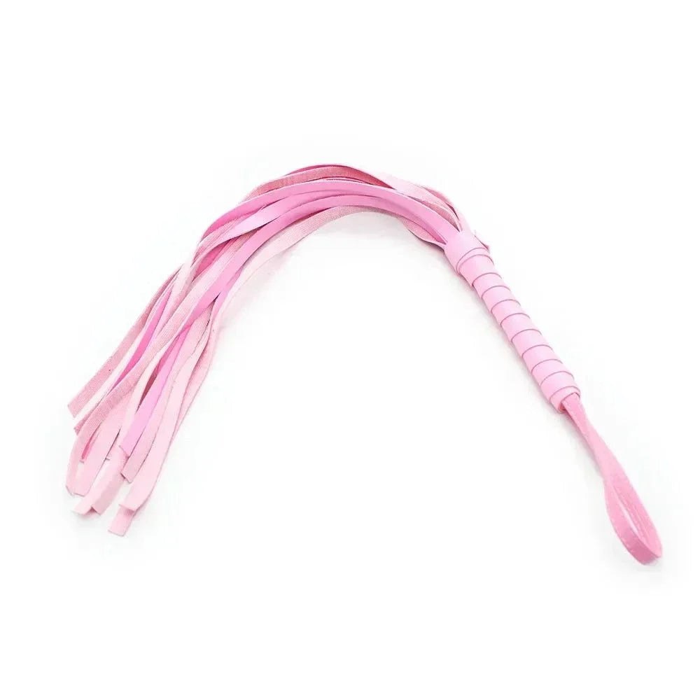 Pink faux leather whip with multiple strips and wrapped handle for BDSM impact play