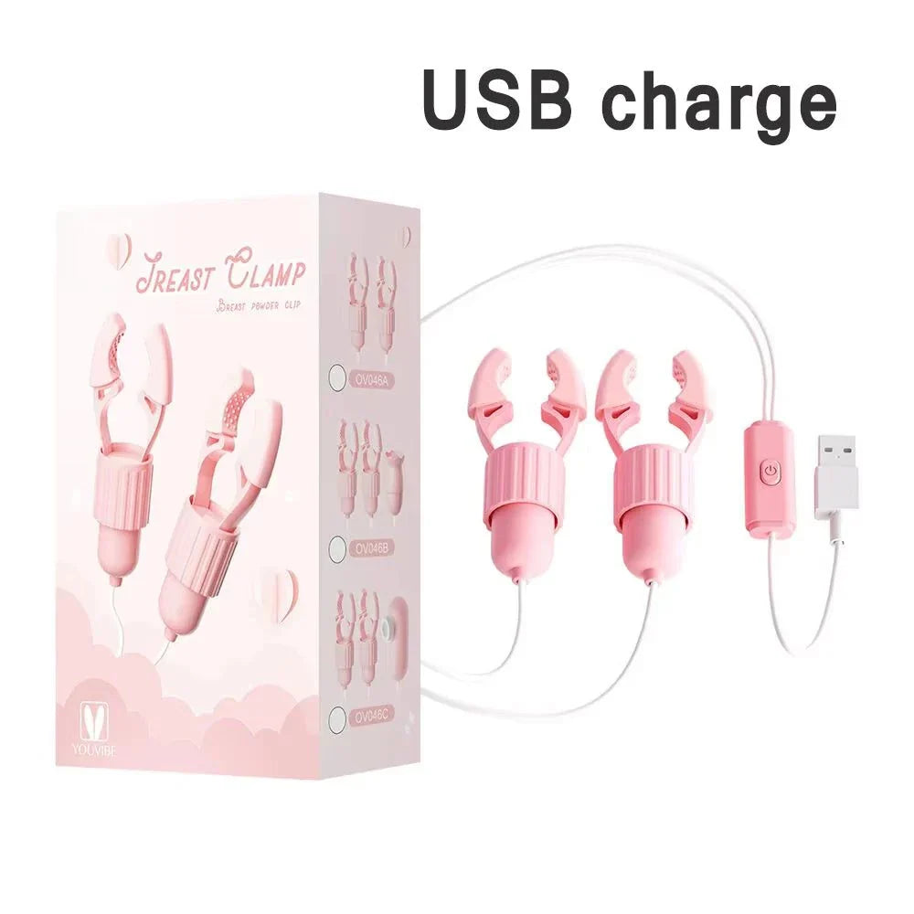 Pink nipple clamps vibrator with USB charging and adjustable intensity for multi-zone stimulation