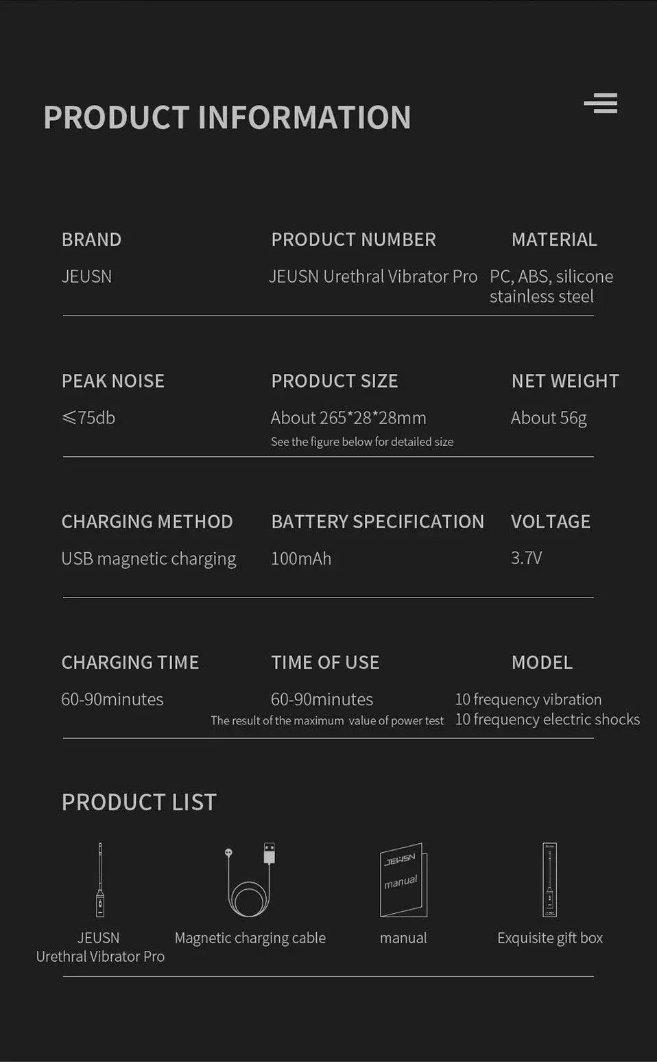 JEUSN Male Urethral Vibrator and Electro Shock Dilator Set with multiple sizes, USB charging, vibration and shock functions for advanced urethral stimulation