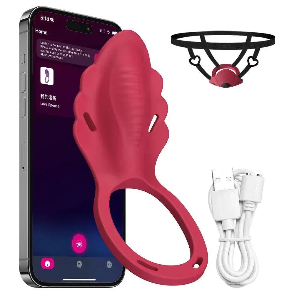 Wireless App Wearable Panty Vibrator with clitoral stimulator, penis ring set, smartphone control, remote intensity adjustment, USB charging cable