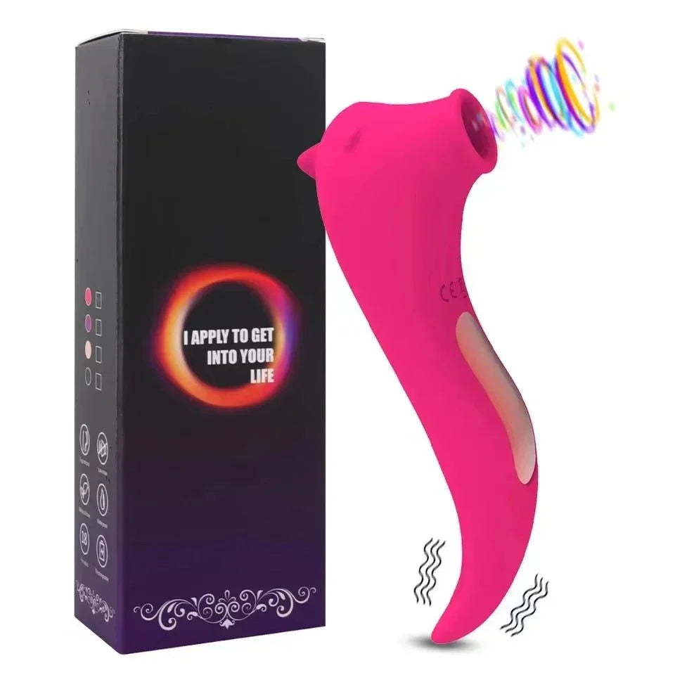 Powerful clitoris sucking vibrator in pink with ergonomic design and multiple stimulation modes next to black packaging box