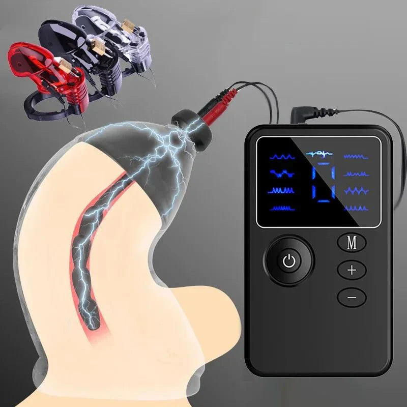 Electric Shock Penis Plug and Chastity Cage with urethral dilator and electro stimulator device