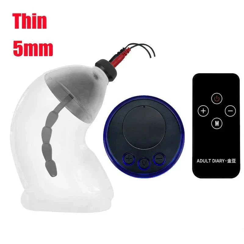 Electric Shock Penis Plug with chastity cage, urethral dilator, and remote controls for electro stimulation