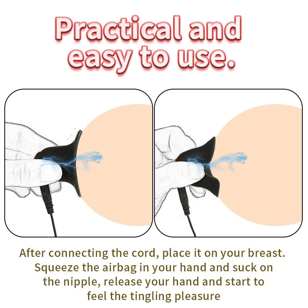 Electric shock nipple clamps with attached cord for breast stimulation and tingling pleasure demonstration