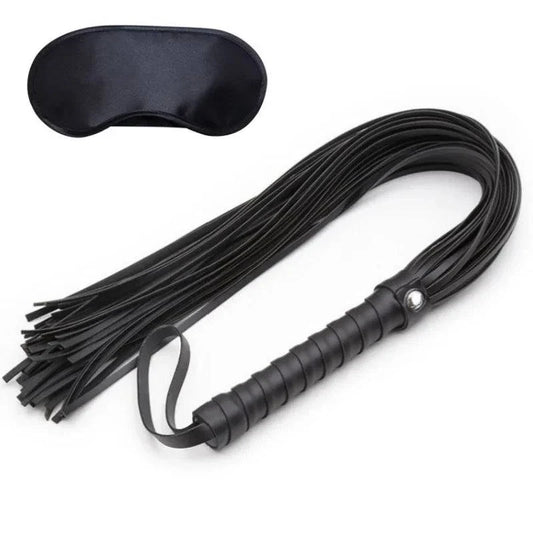Leather flogger whip and black padded blindfold for sensory BDSM play kit