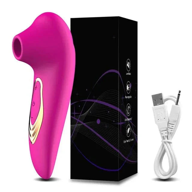 powerful clitoris sucking vibrator in pink with ergonomic design, black packaging box, and white USB charging cable