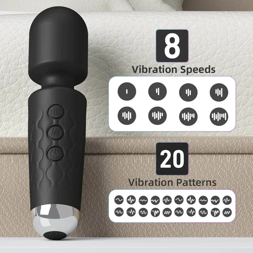 Black 20-speed powerful AV vibrator with 8 vibration speeds and 20 vibration patterns for G-spot, clitoral, and nipple stimulation