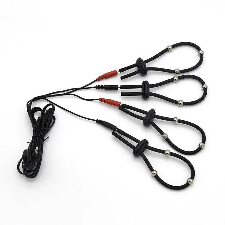 Varied Electro-Shock Penis Ring with adjustable loops and connected wires for electro-stim pleasure