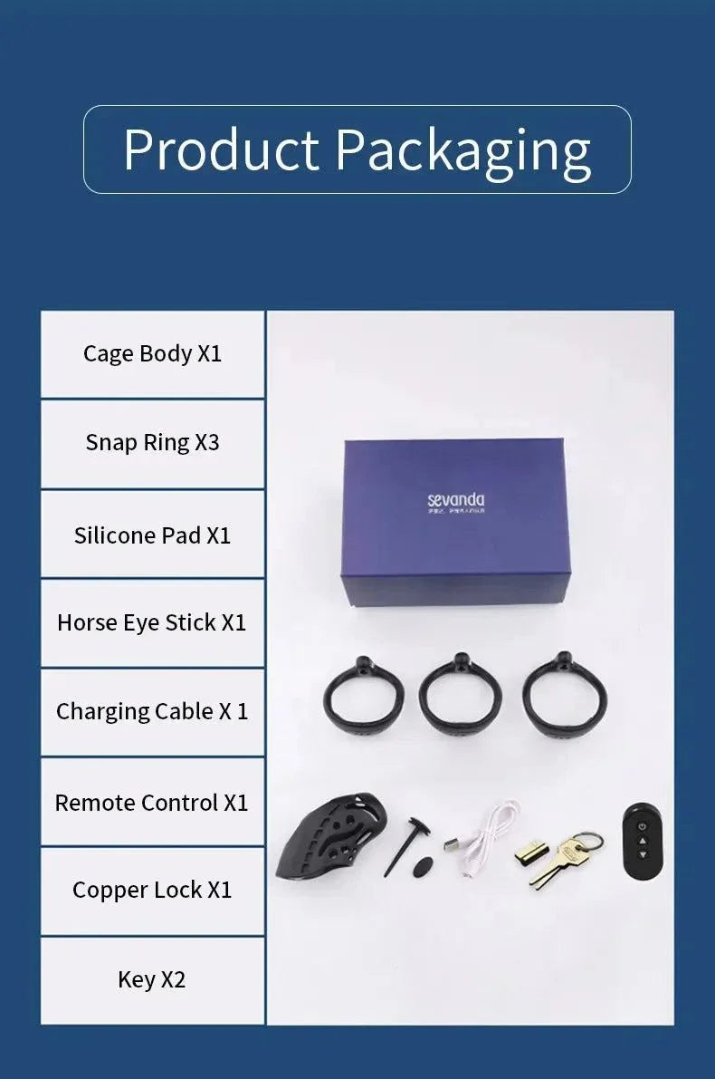 Wireless remote control male chastity cage with electric shock and urethral lock components package