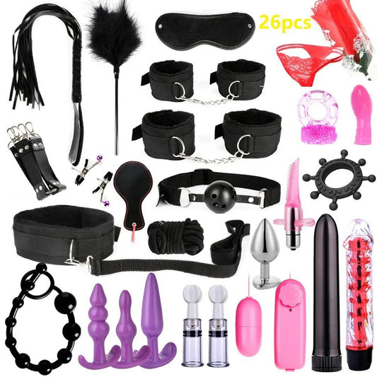 Plush & nylon BDSM kit with cuffs, whip, blindfold, nipple clamps, and various bondage accessories for couples.
