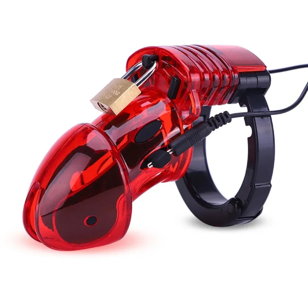 Lockable Male Chastity Device — Cock Cage with E-Stim Rings & Scrotum Restraints