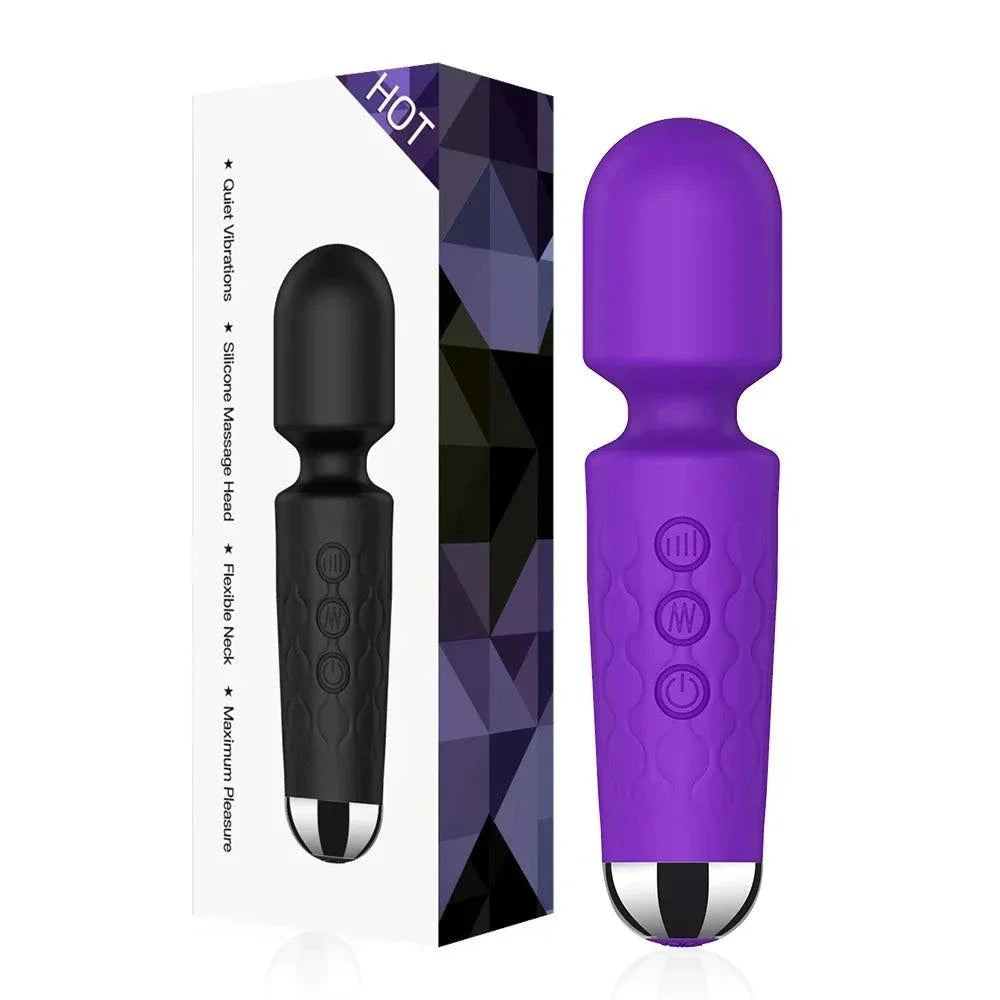 20-Speed Powerful AV Vibrator in purple with silicone head and multiple vibration modes for G-spot, clitoral, and nipple stimulation alongside its packaging