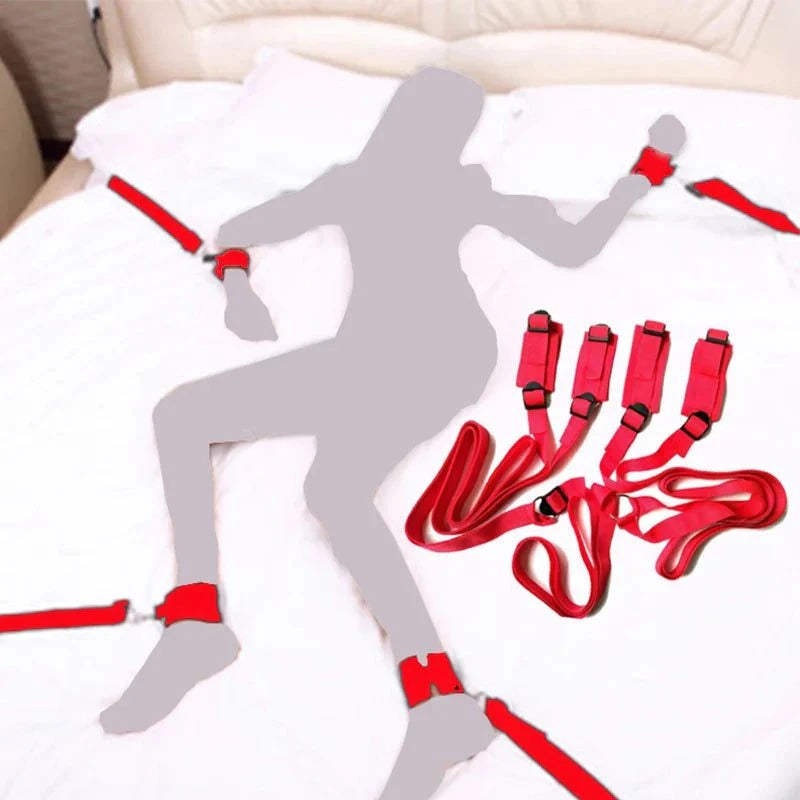 All-in-One 18-Piece Bondage & Strap-On Kit with adjustable red hand and leg restraints on bed