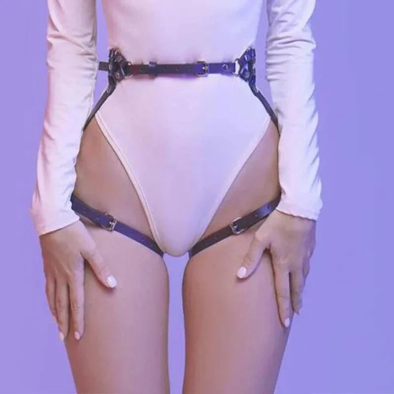 Adjustable leather body harness with strappy chest and torso design, sturdy buckles for lingerie and fetish wear