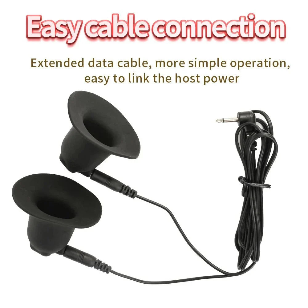 Electric shock nipple clamps and metal labium clips with cable connection for breast and body stimulation.