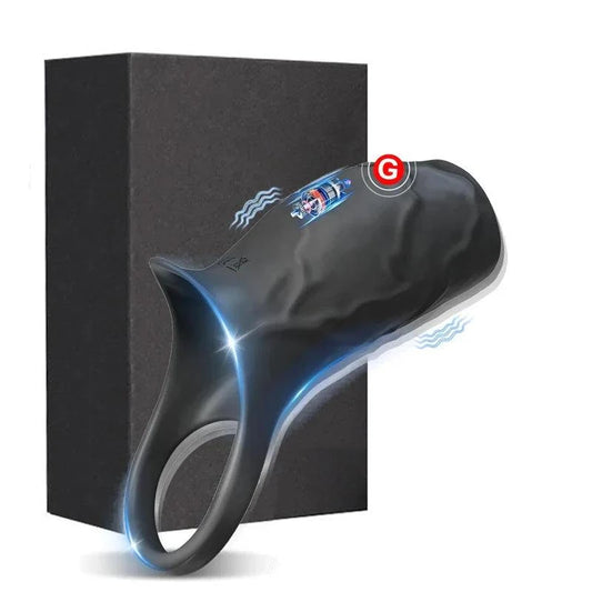 Black vibrator penis sleeve and cock ring ejaculation extender with G-spot stimulation displayed next to a black box