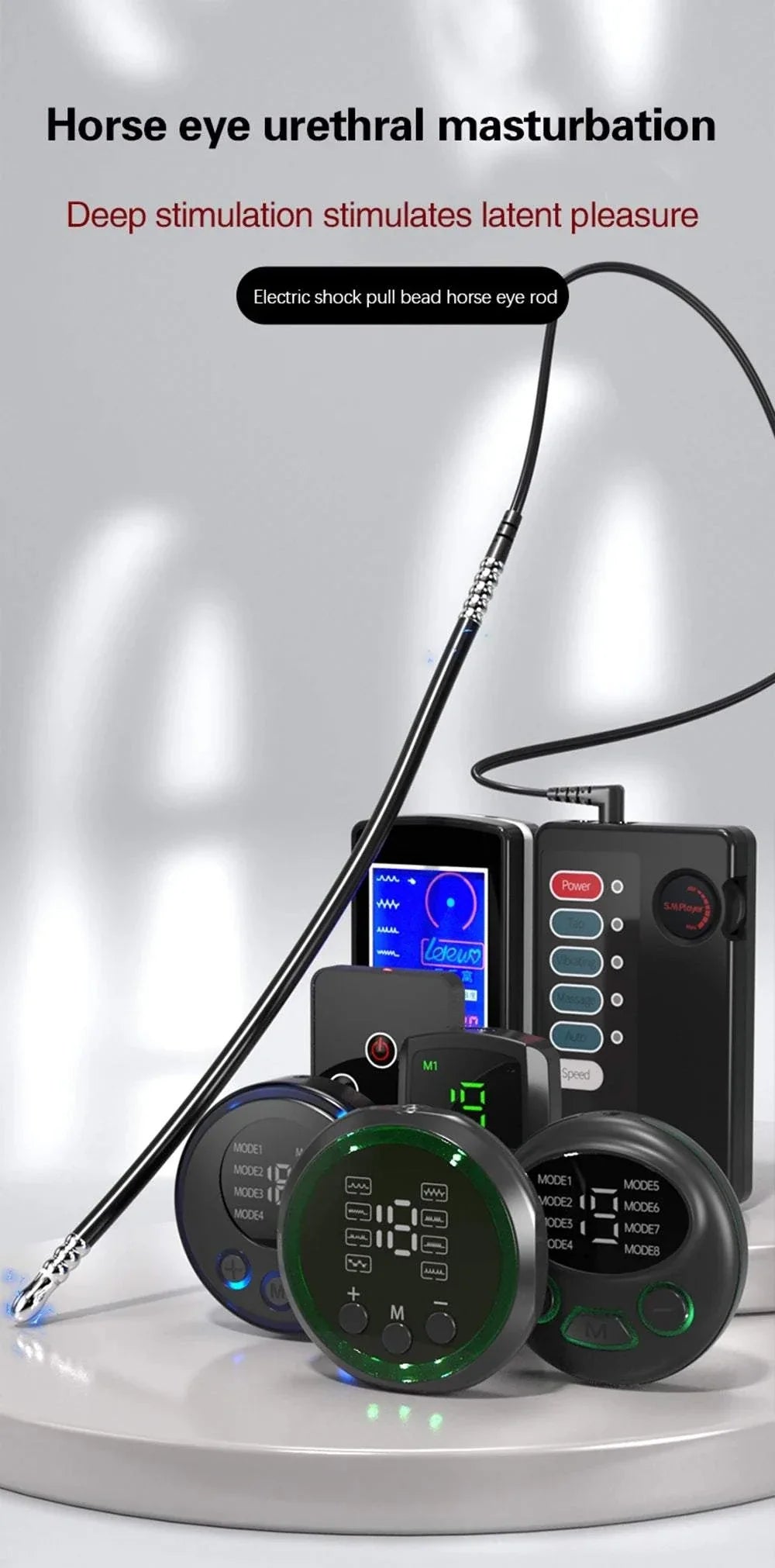 Electric shock stimulator set with urethral sound and anal plug for men, medical-grade E-Stim exerciser.