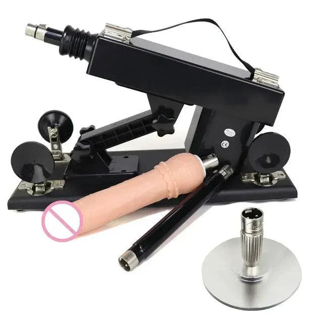 Automatic sex machine with adjustable thrust, remote and app control, featuring customizable stroke length, angle, speed, and multiple attachments.