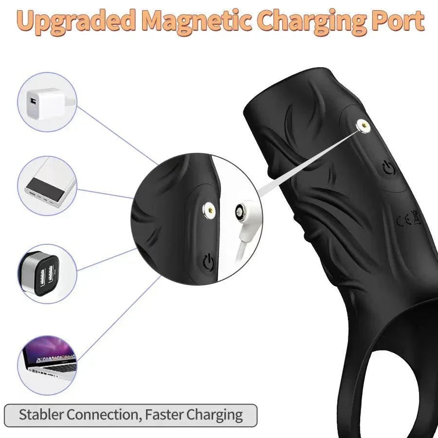 Black Vibrator Penis Sleeve with integrated vibrator and cock ring for ejaculation extension and enhanced G-spot and testicle stimulation